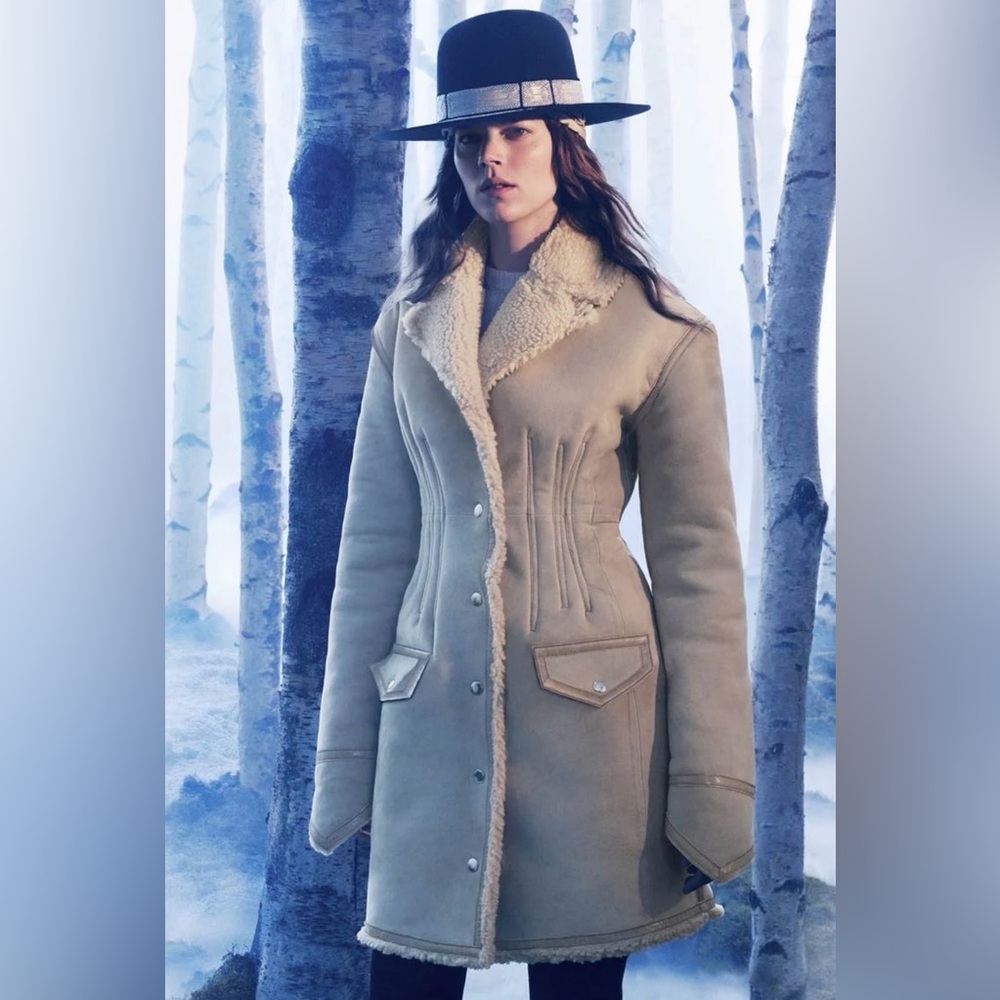 H&M Studio Authentic Suede 100% Lambswool Shearling Coat Size 6 Tan MSRP $499